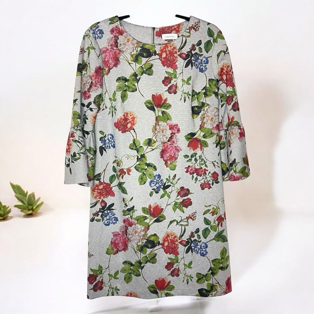 Calvin Klein Women’s Size 12 Smoke Gray Red Floral Sheath Dress Elegant Workwear